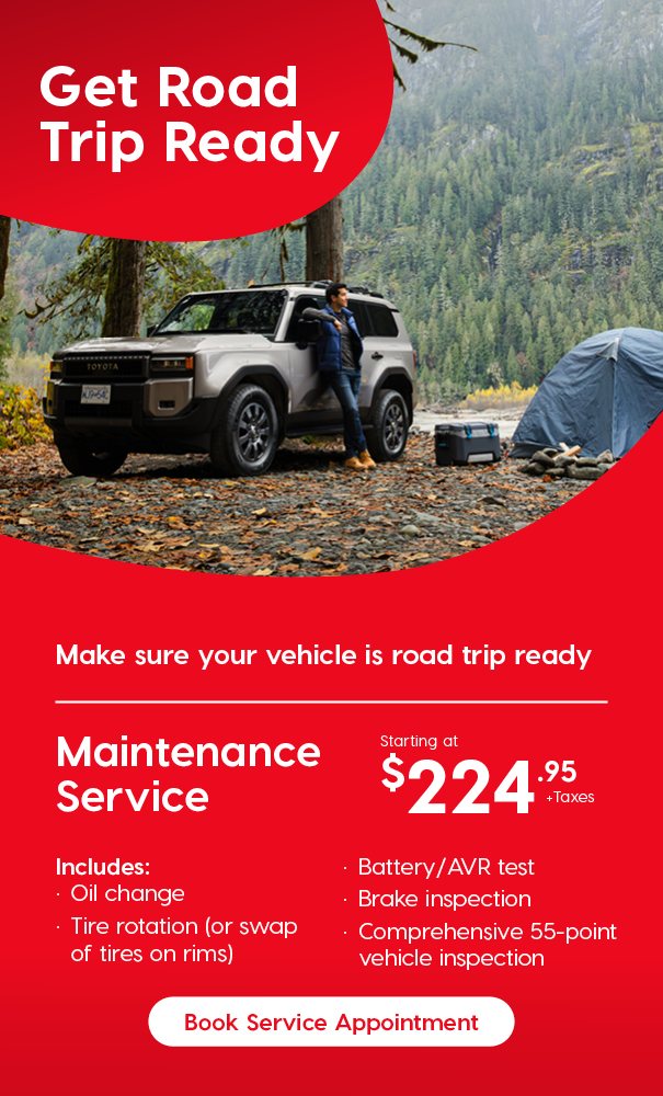 Promo image of a man standing against a land cruiser with an offer for maintenance service starting at 224.95 plus taxes