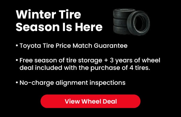 A promo image featuring winter tires with a offer that says "winter tire season is here. " Button that says "Book Service"