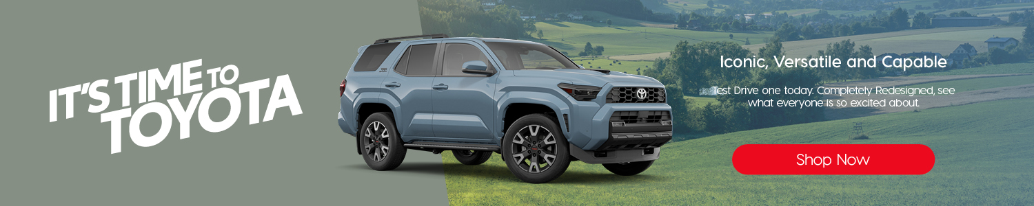 A header featuring a Toyota vehicle. Headline reads "It's Time To Toyota" Button reads "shop now"