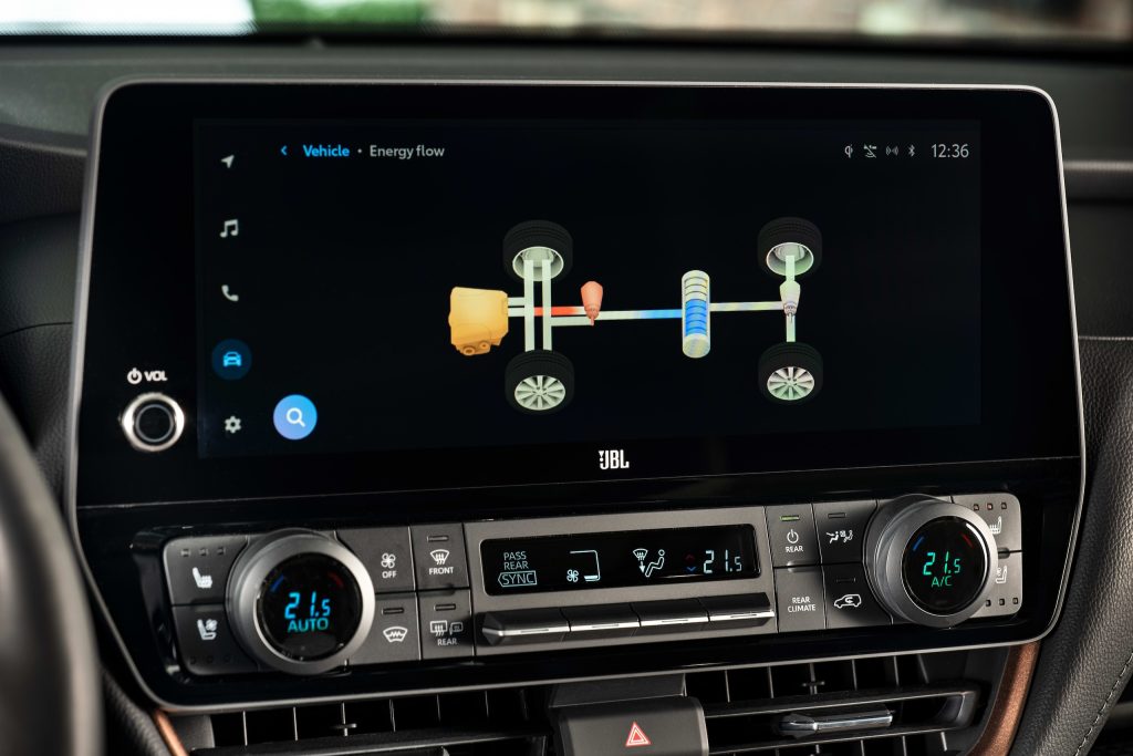 Close-up of the Toyota Grand Highlander HybridMAX's infotainment screen displaying the vehicle’s energy flow, with climate control settings shown below.
